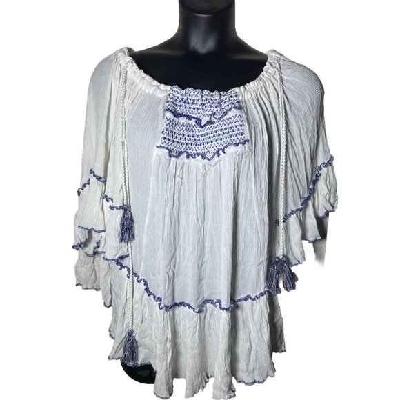 Surf Gypsy White Sz Medium Bohemian Crinkle Gauzy Blouse Blue Embroidered Tassel - Picture 1 of 11
